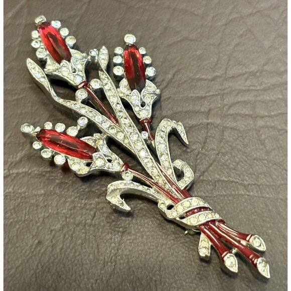 VTG 1941 Signed TRIFARI Krussman Fishel A. Spaney Floral Spray Enamel Brooch Pin - Picture 3 of 12